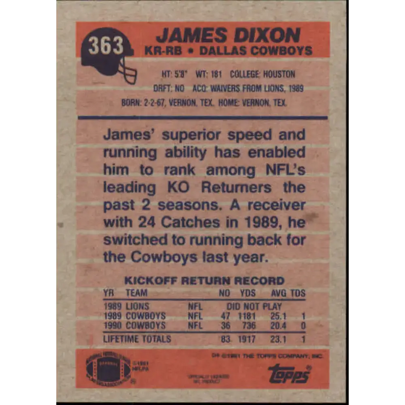 1991 Topps #363 James Dixon NM-MT Dallas Cowboys Football Card