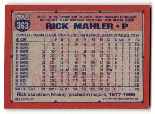 Baseball card back of 1991 Topps Rick Mahler Cincinnati Reds collectible card