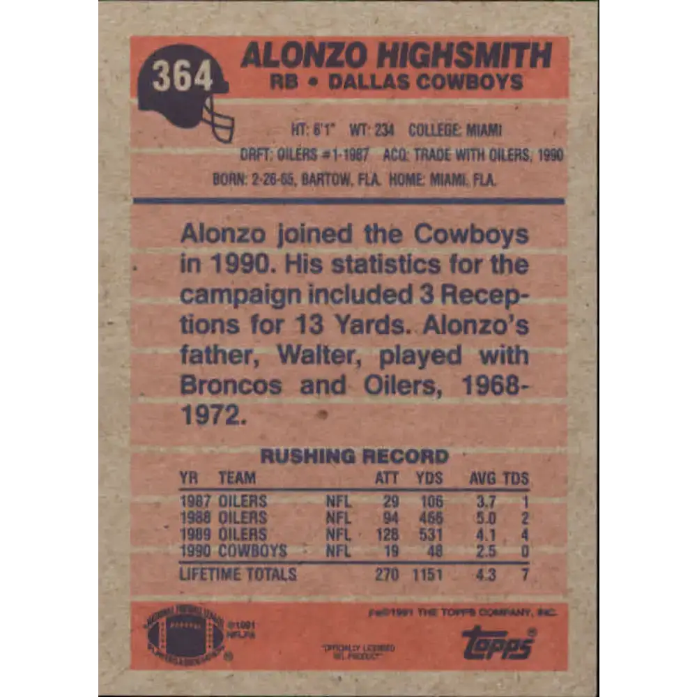 1991 Topps #364 Alonzo Highsmith NM-MT Dallas Cowboys Football Card - Football Card Single