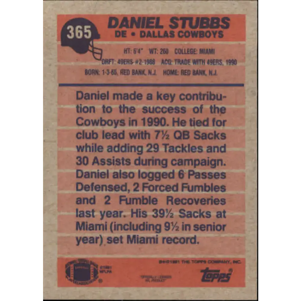 1991 Topps #365 Daniel Stubbs NM-MT Dallas Cowboys Football Card - Football Card Single