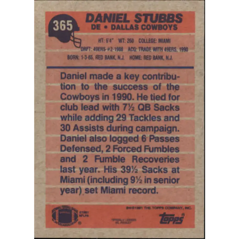 1991 Topps #365 Daniel Stubbs NM-MT Dallas Cowboys Football Card - Football Card Single