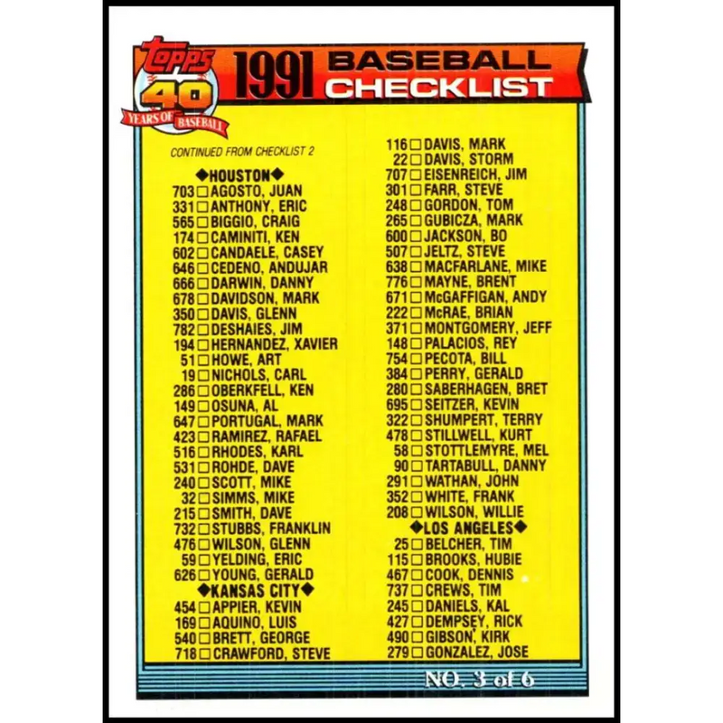 1991 Topps #366 Checklist #3 NM-MT Checklist Baseball Card - Baseball Card Single