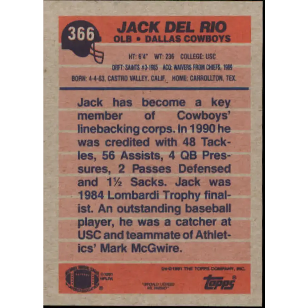 1991 Topps #366 Jack Del Rio NM-MT Dallas Cowboys Football Card - Football Card Single