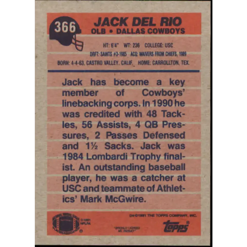 1991 Topps #366 Jack Del Rio NM-MT Dallas Cowboys Football Card - Football Card Single