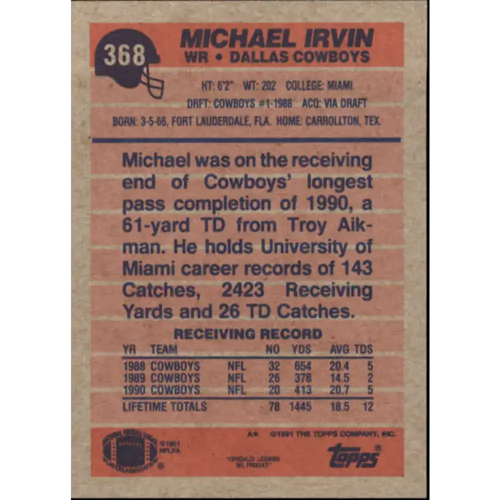 1991 Topps #368 Michael Irvin NM-MT Dallas Cowboys Football Card - Football Card Single