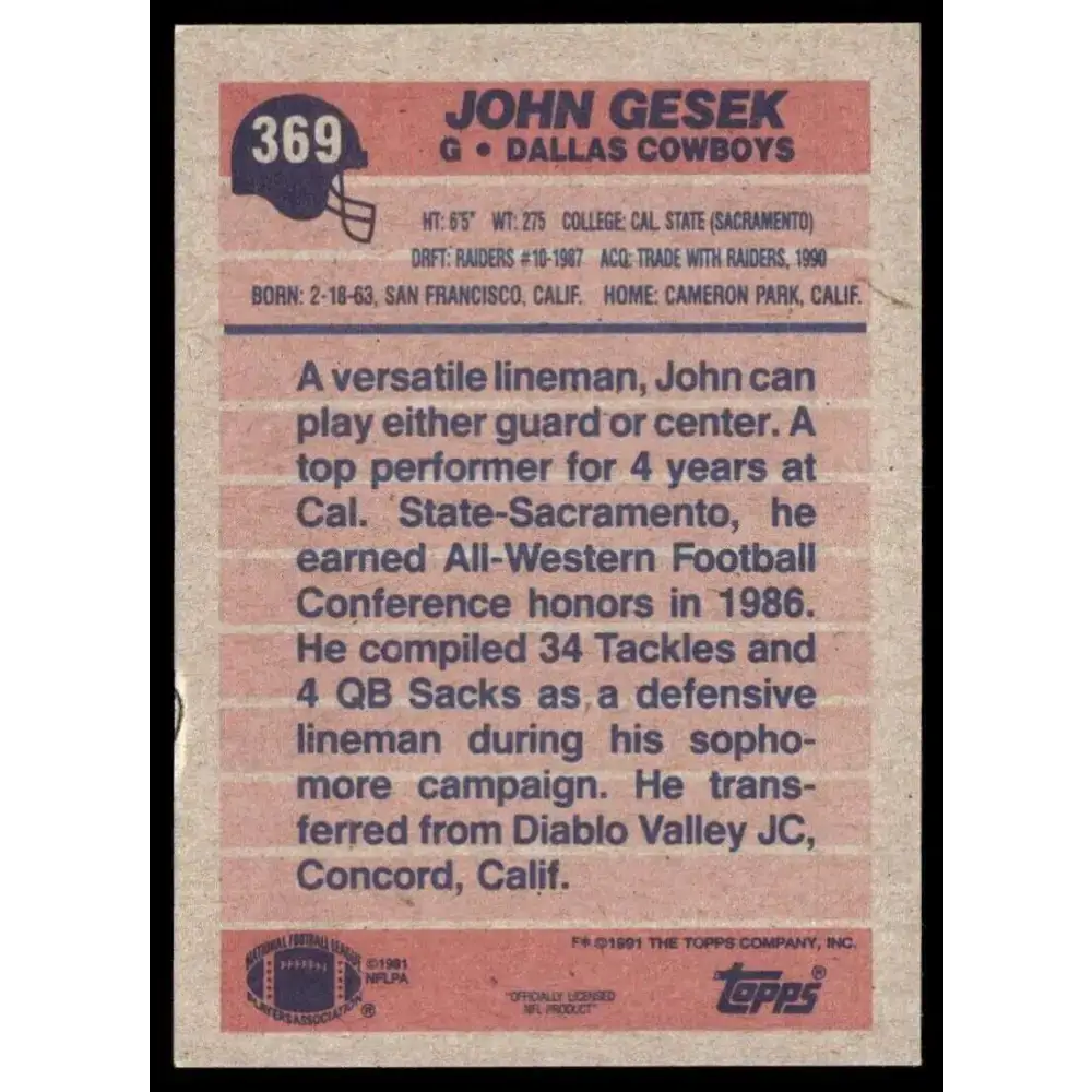 1991 Topps #369 John Gesek NM-MT RC Rookie Dallas Cowboys Football Card - Football Card Single