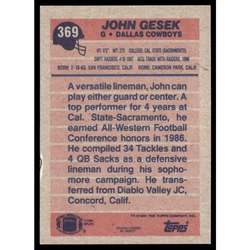 1991 Topps #369 John Gesek NM-MT RC Rookie Dallas Cowboys Football Card - Football Card Single