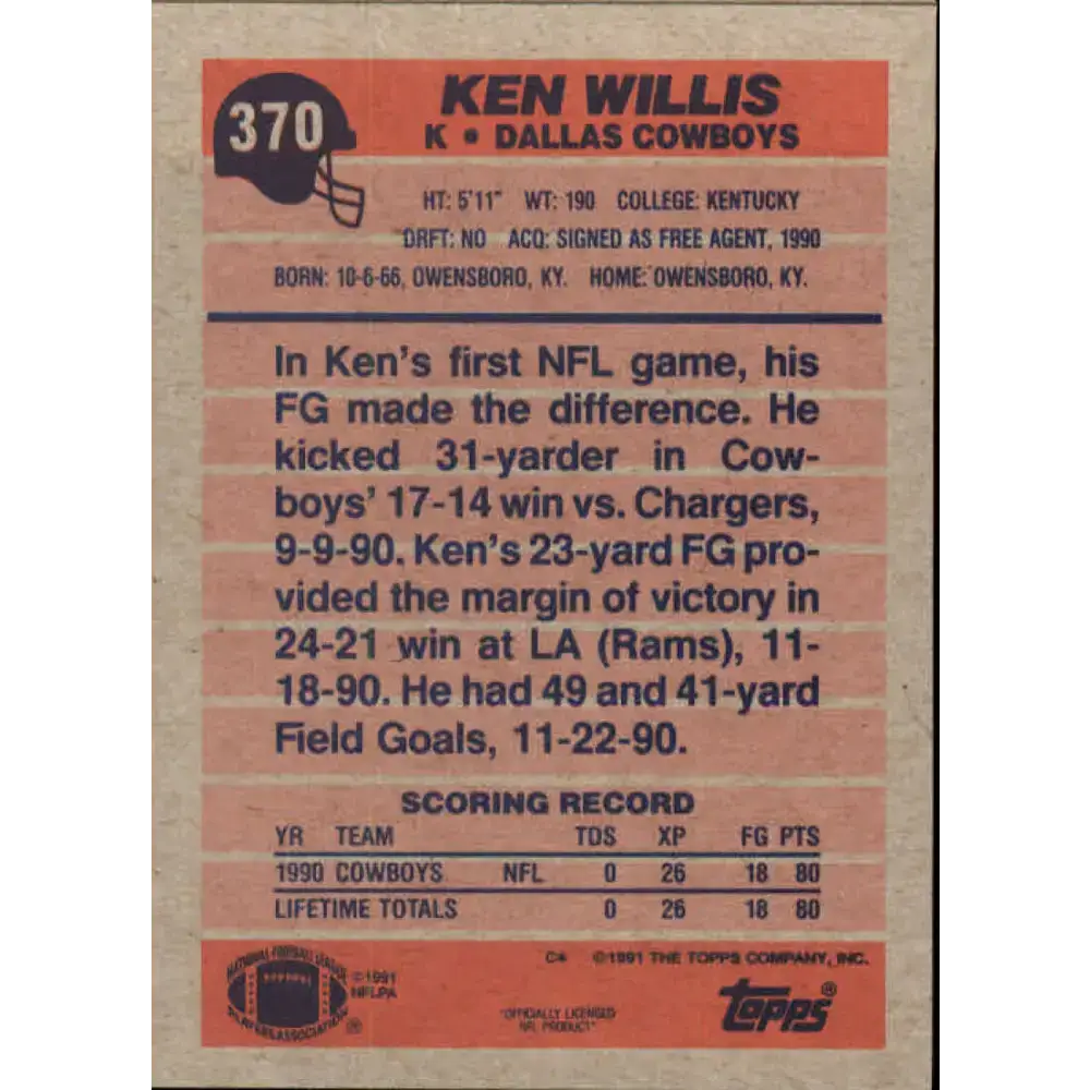 1991 Topps #370 Ken Willis NM-MT Dallas Cowboys Football Card - Football Card Single