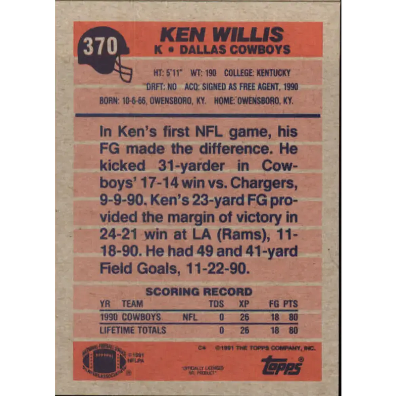 1991 Topps #370 Ken Willis NM-MT Dallas Cowboys Football Card - Football Card Single