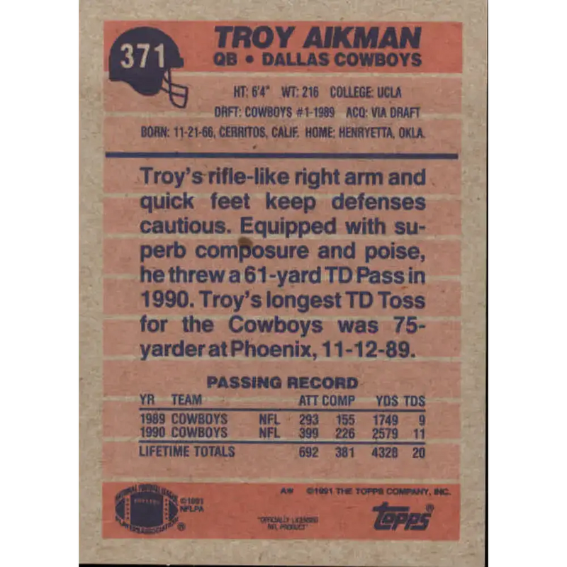 1991 Topps #371 Troy Aikman NM-MT Dallas Cowboys Football Card - Football Card Single