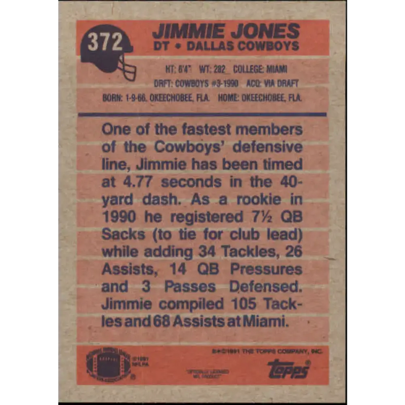 1991 Topps #372 Jimmie Jones NM-MT Dallas Cowboys Football Card - Football Card Single