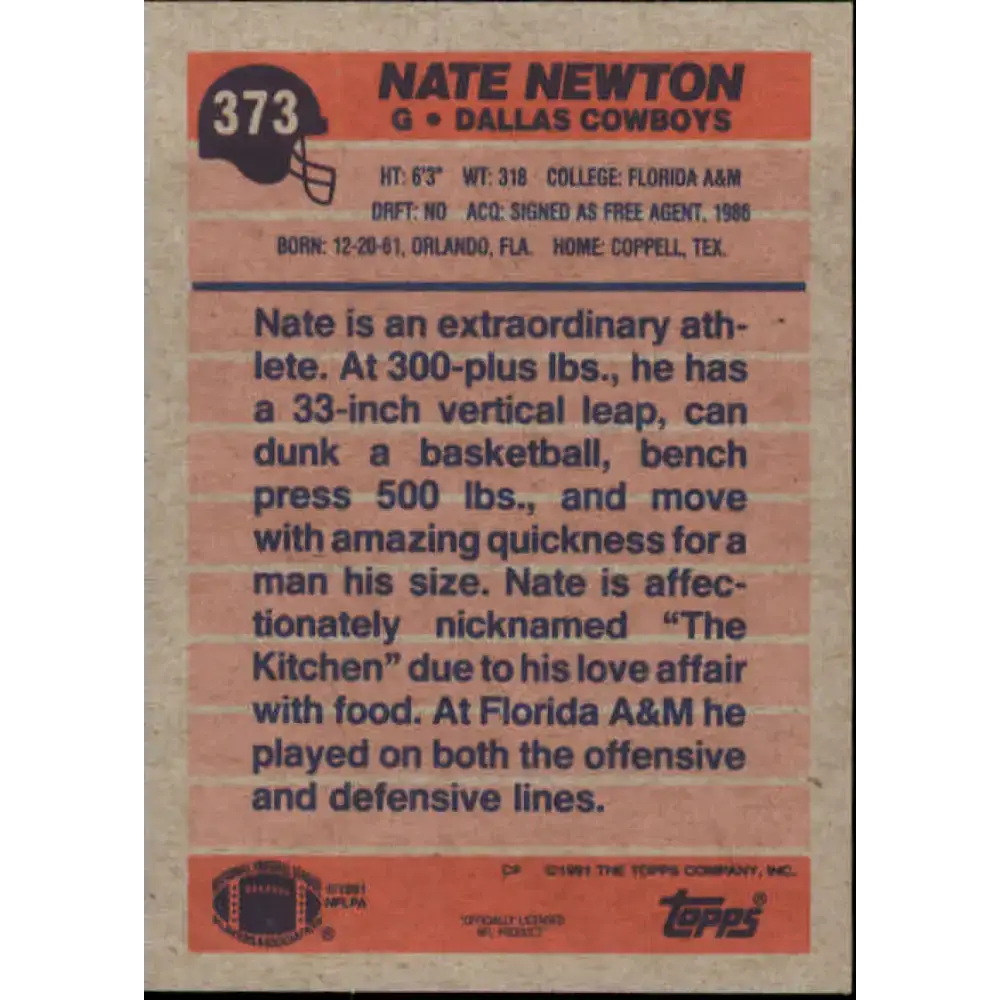 1991 Topps #373 Nate Newton NM-MT Dallas Cowboys Football Card - Football Card Single