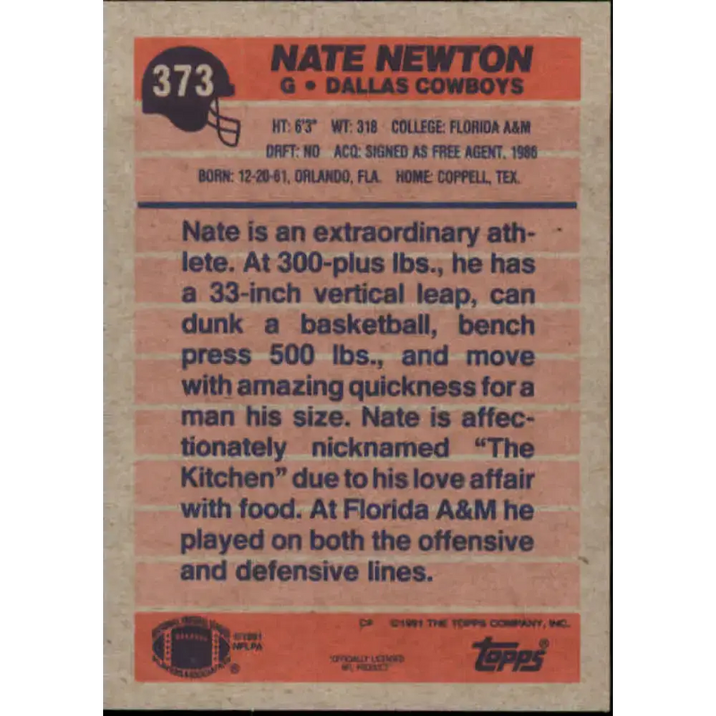 1991 Topps #373 Nate Newton NM-MT Dallas Cowboys Football Card - Football Card Single