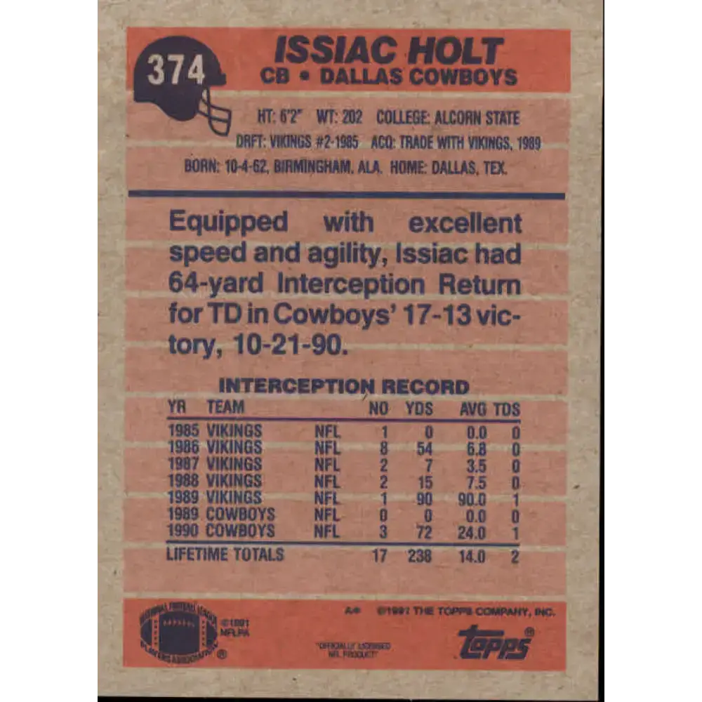 1991 Topps #374 Issiac Holt NM-MT Dallas Cowboys Football Card - Football Card Single