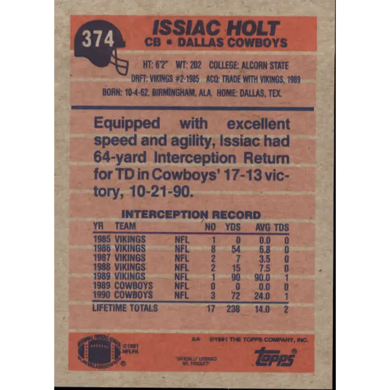 1991 Topps #374 Issiac Holt NM-MT Dallas Cowboys Football Card - Football Card Single