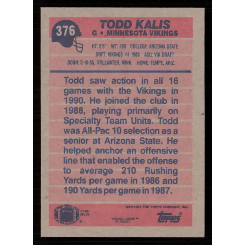 1991 Topps #376 Todd Kalis NM-MT Minnesota Vikings Football Card - Football Card Single