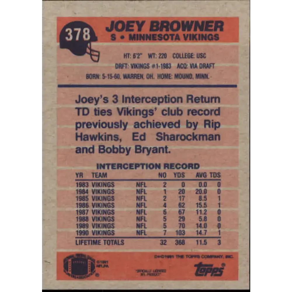 1991 Topps #378 Joey Browner NM-MT Minnesota Vikings Football Card - Football Card Single