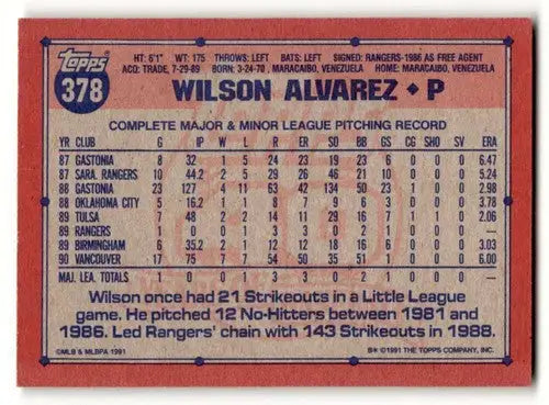 Original gloss 378a Wilson Alvarez Chicago White Sox baseball card in display image