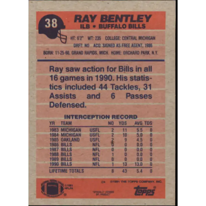 1991 Topps #38 Ray Bentley NM-MT Buffalo Bills Football Card - Football Card Single