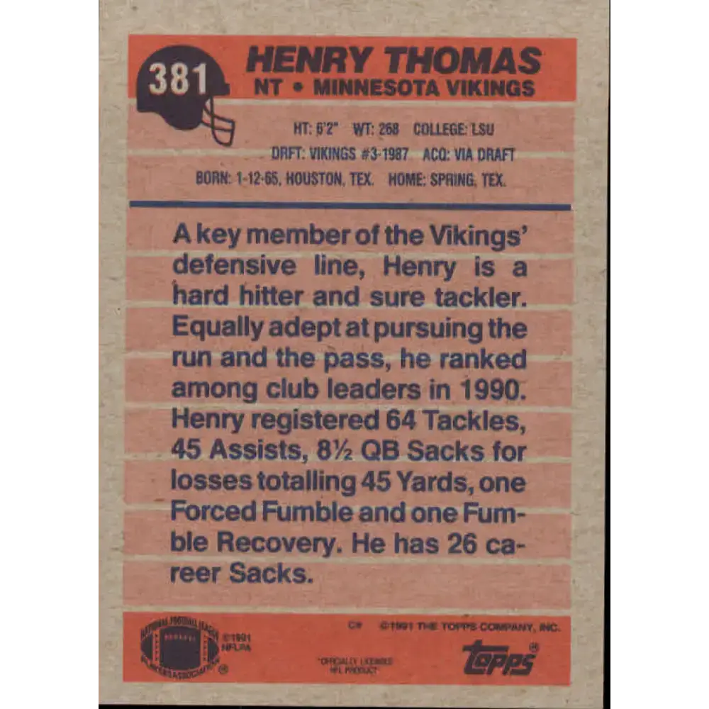 1991 Topps #381 Henry Thomas NM-MT Minnesota Vikings Football Card - Football Card Single