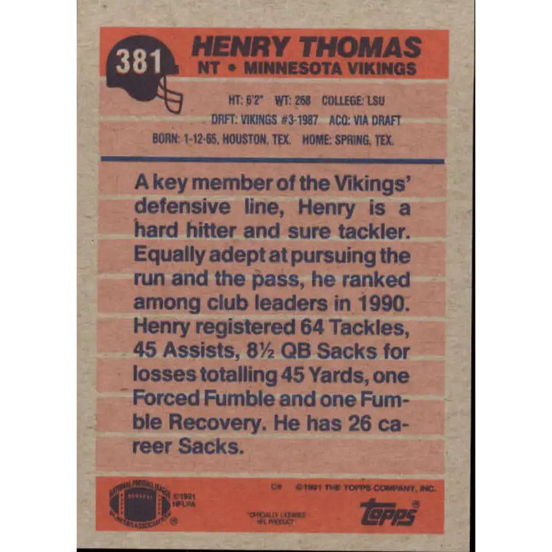 1991 Topps #381 Henry Thomas NM-MT Minnesota Vikings Football Card - Football Card Single
