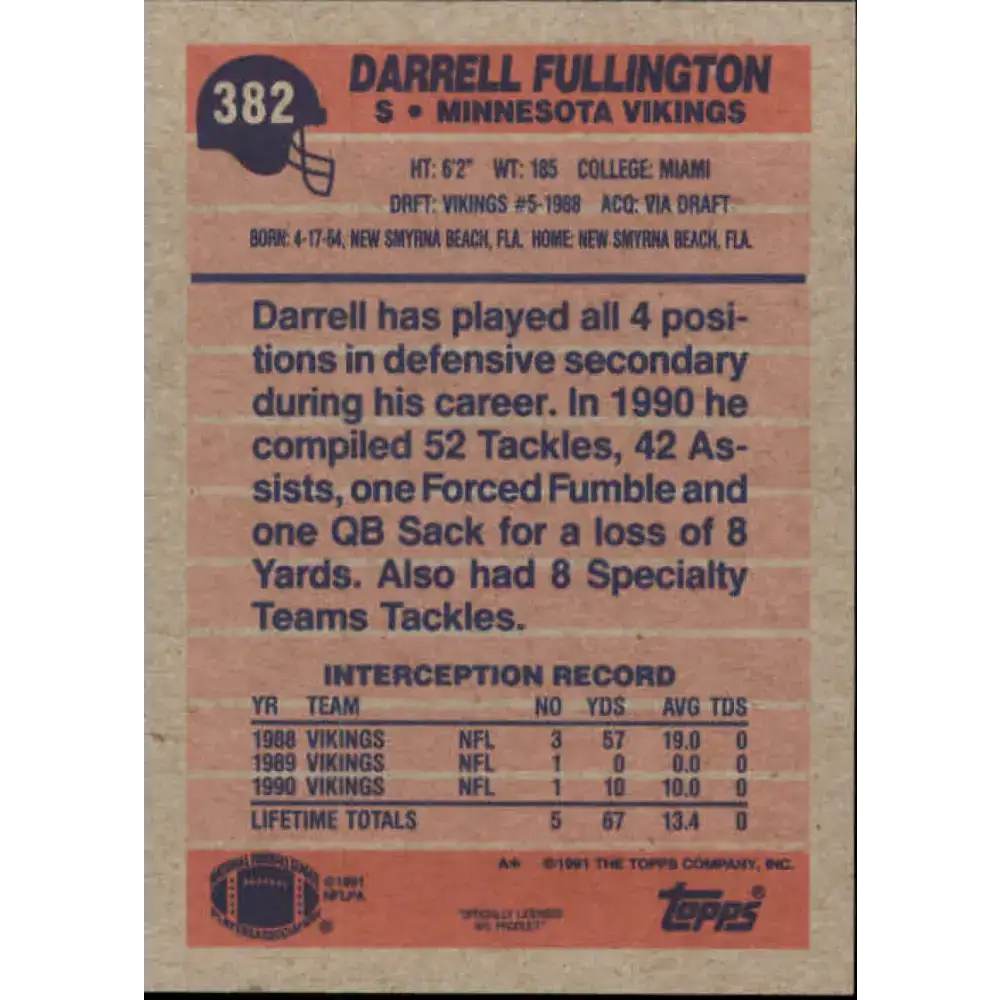 1991 Topps #382 Darrell Fullington NM-MT Minnesota Vikings Football Card - Football Card Single