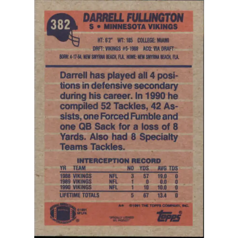 1991 Topps #382 Darrell Fullington NM-MT Minnesota Vikings Football Card - Football Card Single