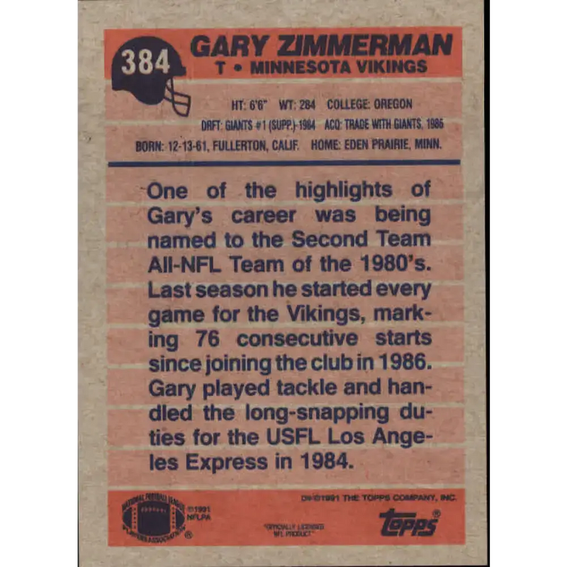1991 Topps #384 Gary Zimmerman NM-MT Minnesota Vikings Football Card - Football Card Single