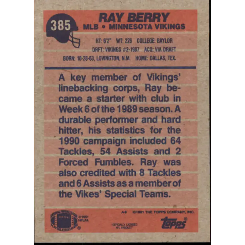 1991 Topps #385 Ray Berry NM-MT Minnesota Vikings Football Card - Football Card Single