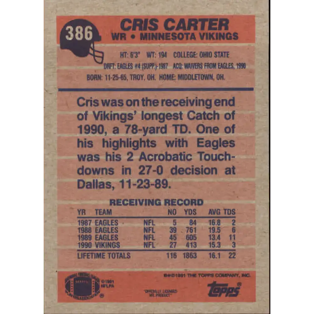 1991 Topps #386 Cris Carter NM-MT Minnesota Vikings Football Card - Football Card Single