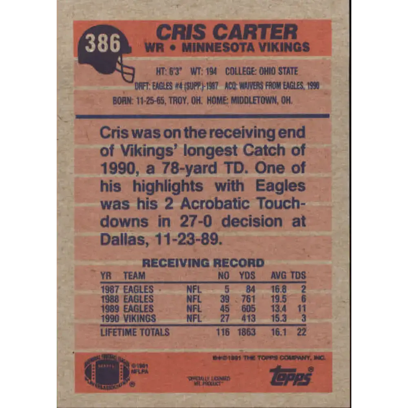 1991 Topps #386 Cris Carter NM-MT Minnesota Vikings Football Card - Football Card Single