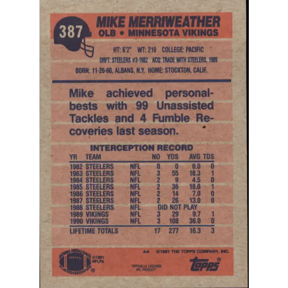 1991 Topps #387 Mike Merriweather NM-MT Minnesota Vikings Football Card - Football Card Single