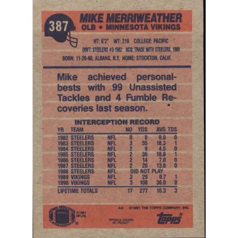 1991 Topps #387 Mike Merriweather NM-MT Minnesota Vikings Football Card - Football Card Single