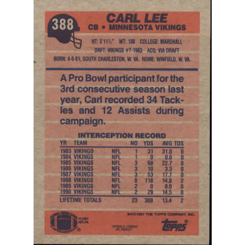 1991 Topps #388 Carl Lee NM-MT Minnesota Vikings Football Card - Football Card Single