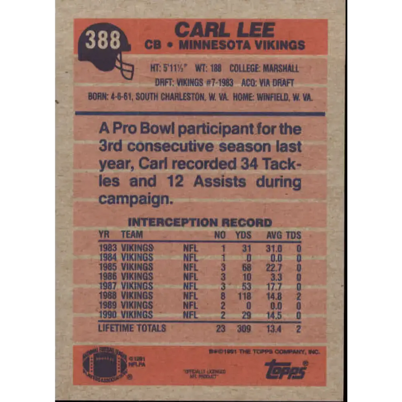 1991 Topps #388 Carl Lee NM-MT Minnesota Vikings Football Card - Football Card Single