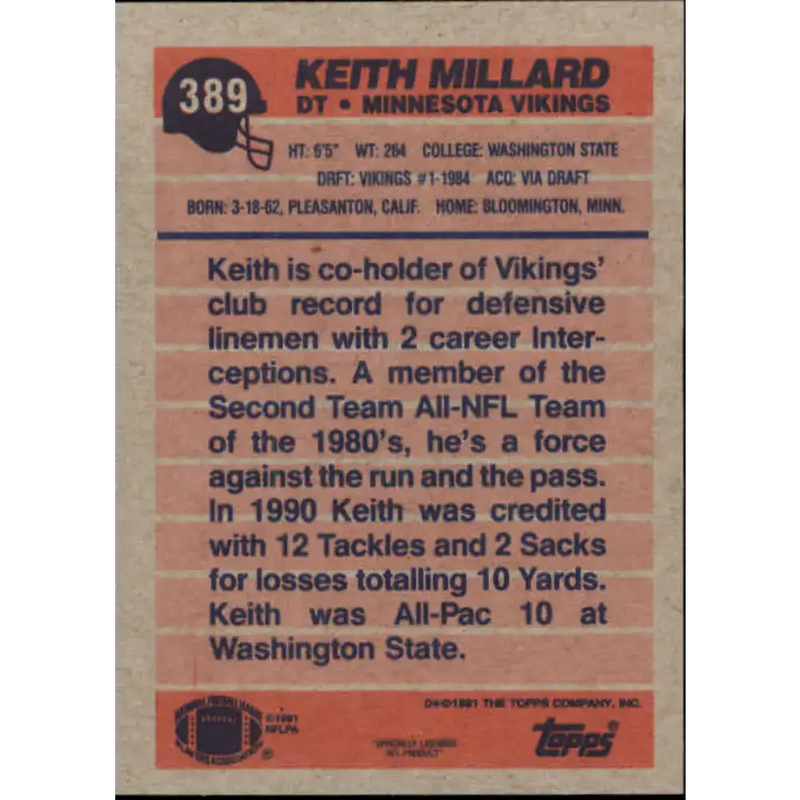 1991 Topps #389 Keith Millard NM-MT Minnesota Vikings Football Card - Football Card Single