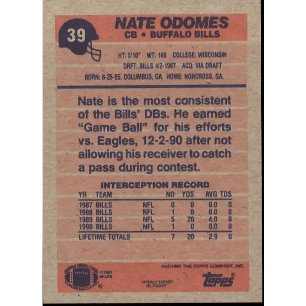 1991 Topps #39 Nate Odomes NM-MT Buffalo Bills Football Card - Football Card Single