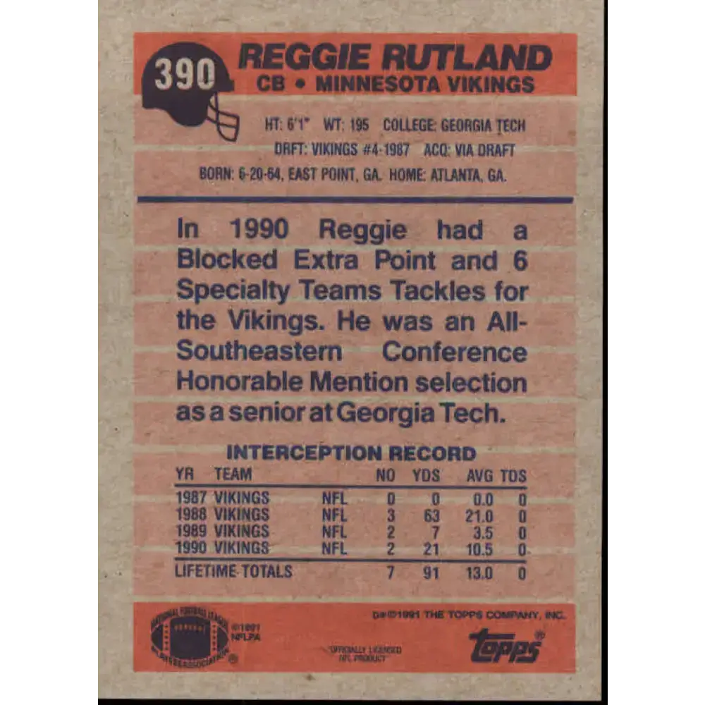 1991 Topps #390 Reggie Rutland NM-MT Minnesota Vikings Football Card - Football Card Single
