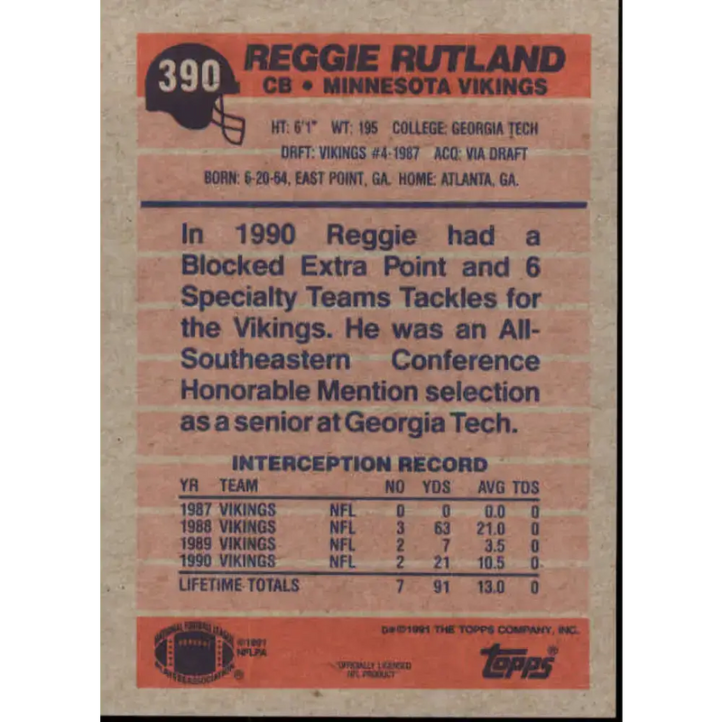 1991 Topps #390 Reggie Rutland NM-MT Minnesota Vikings Football Card - Football Card Single