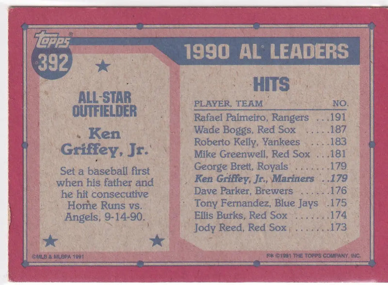 1991 TOPPS #392 KEN GRIFFEY JR ALL STAR- SEATTLE MARINERS - Baseball Card Single