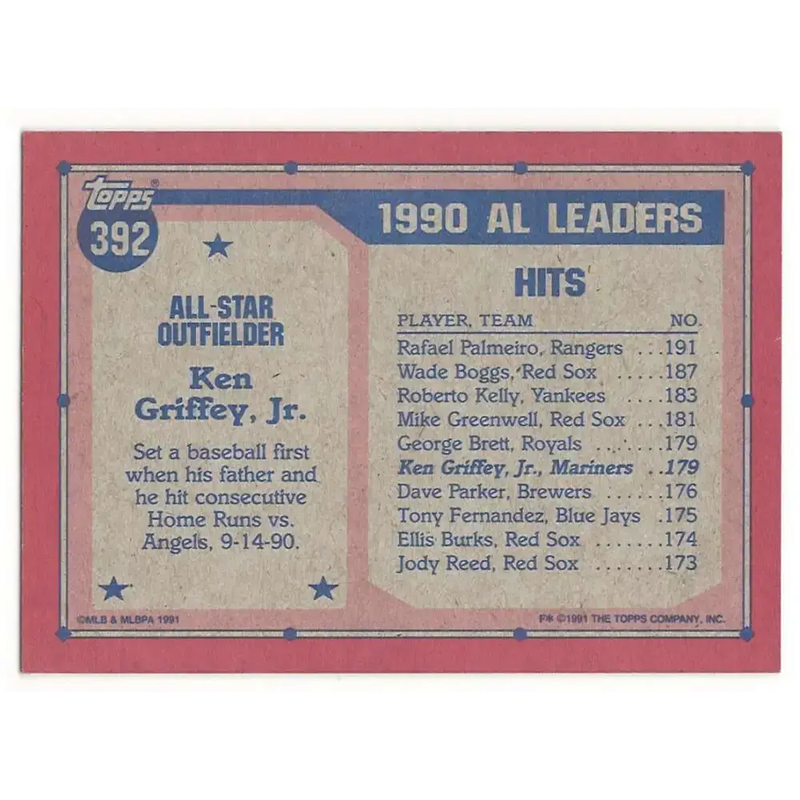 1991 Topps #392 Ken Griffey Jr. NM-MT Seattle Mariners Baseball Card - Baseball Card Single
