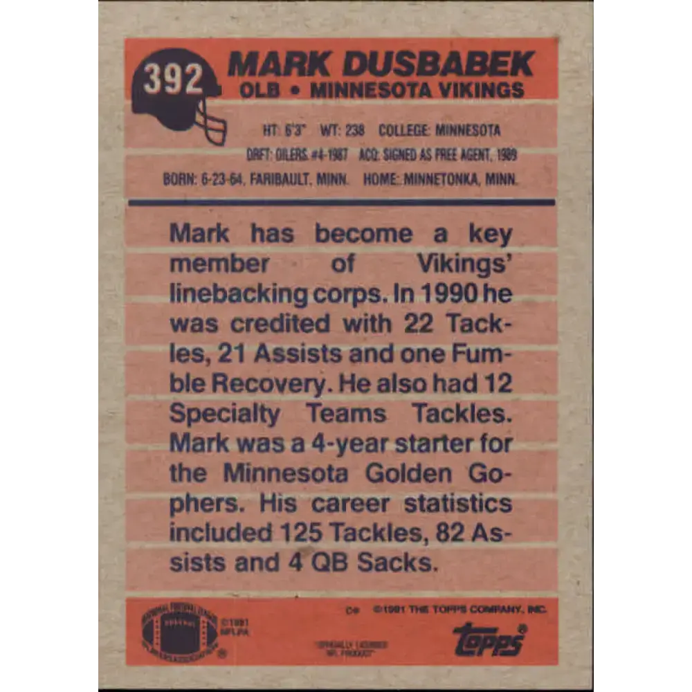 1991 Topps #392 Mark Dusbabek NM-MT RC Rookie Minnesota Vikings Football Card - Football Card Single