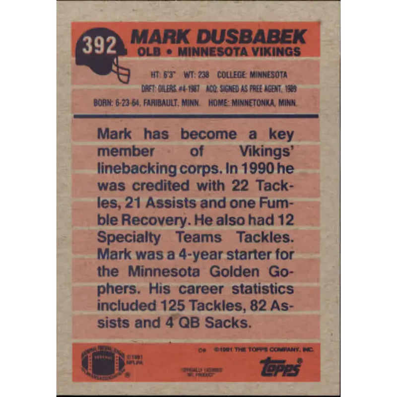 1991 Topps #392 Mark Dusbabek NM-MT RC Rookie Minnesota Vikings Football Card - Football Card Single