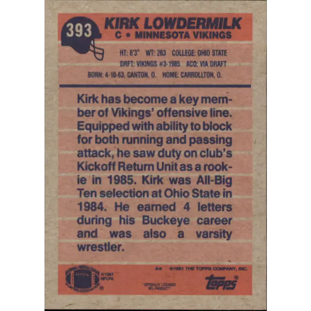 1991 Topps #393 Kirk Lowdermilk NM-MT Minnesota Vikings Football Card - Football Card Single