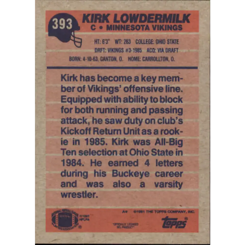 1991 Topps #393 Kirk Lowdermilk NM-MT Minnesota Vikings Football Card - Football Card Single