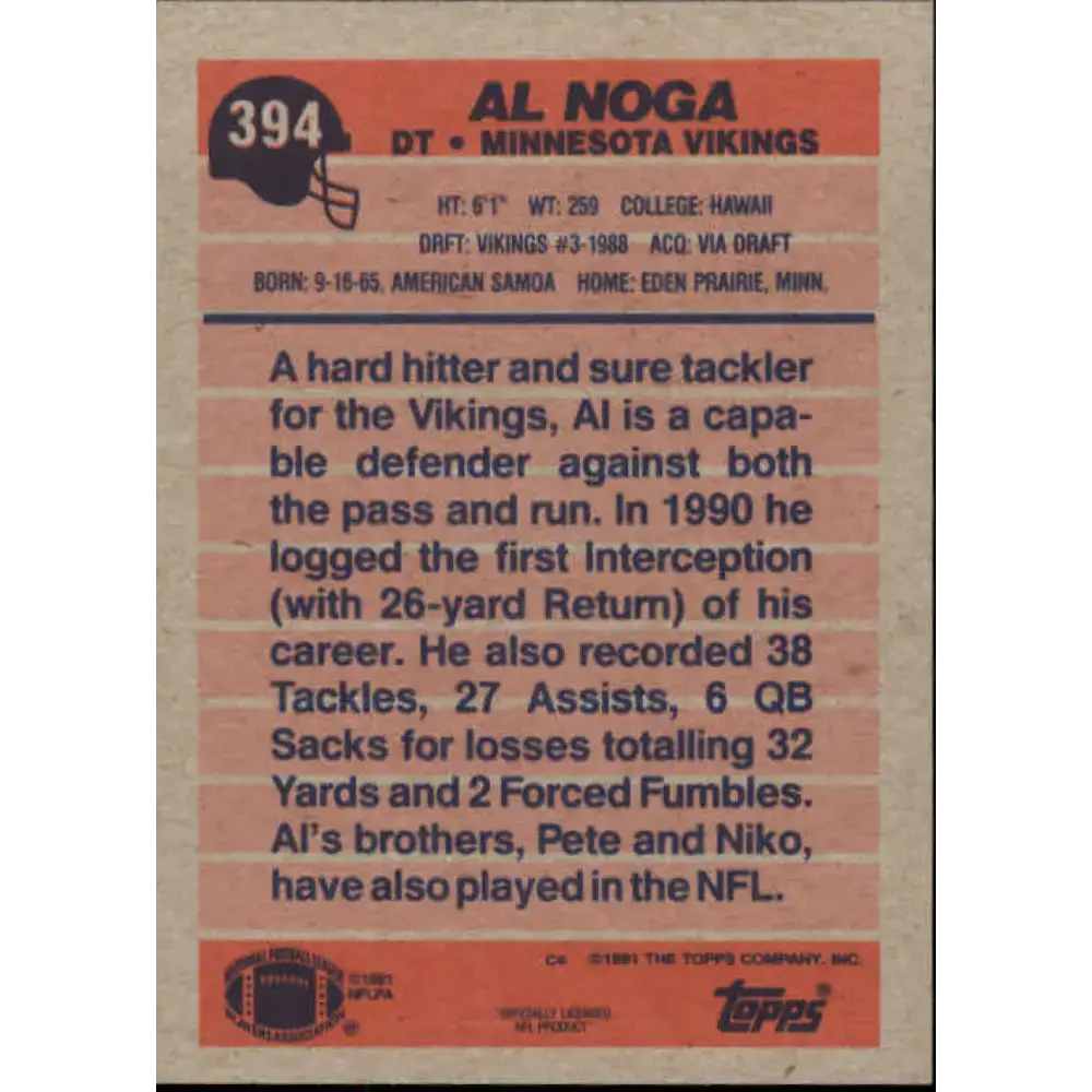1991 Topps #394 Al Noga NM-MT Minnesota Vikings Football Card - Football Card Single