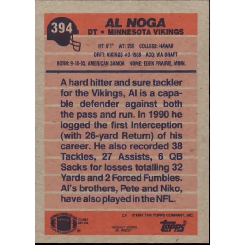 1991 Topps #394 Al Noga NM-MT Minnesota Vikings Football Card - Football Card Single