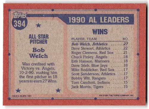 1991 Topps #394 Bob Welch NM-MT Athletics AS ID:43308 - Baseball Card Single