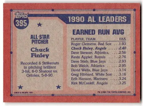 1991 Topps #395 Chuck Finley EX/NM Angels AS ID:43315 - Baseball Card Single