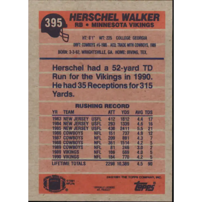 1991 Topps #395 Herschel Walker NM-MT Minnesota Vikings Football Card - Football Card Single